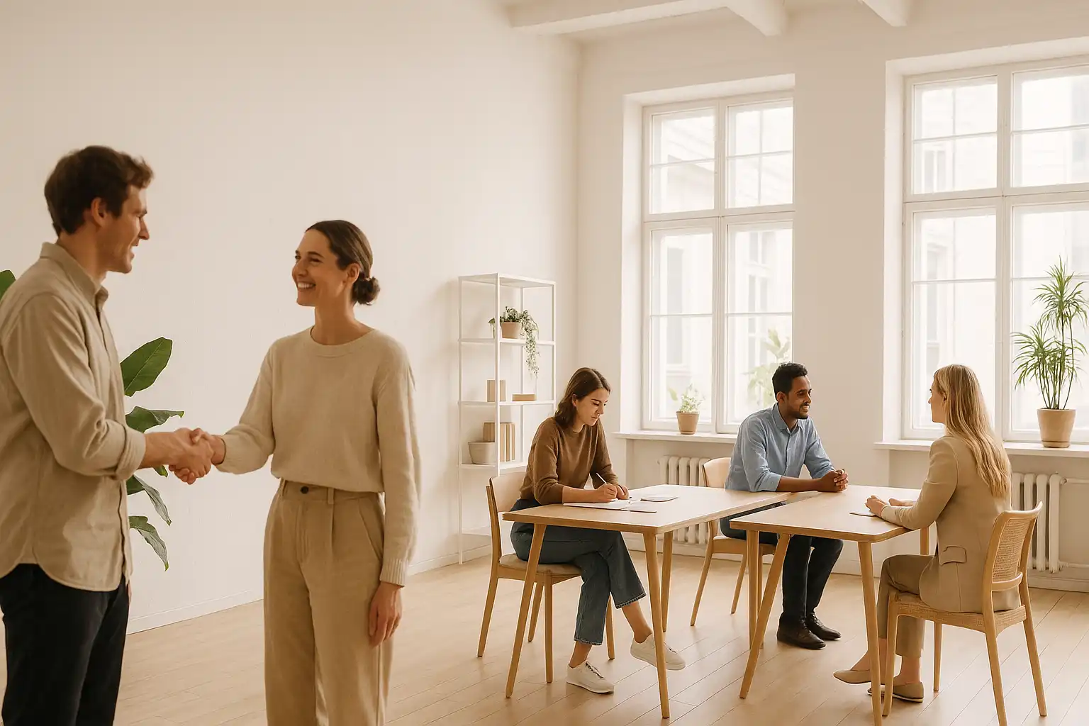 Ljusa skandinaviska kontorsytor med människor i candid stil