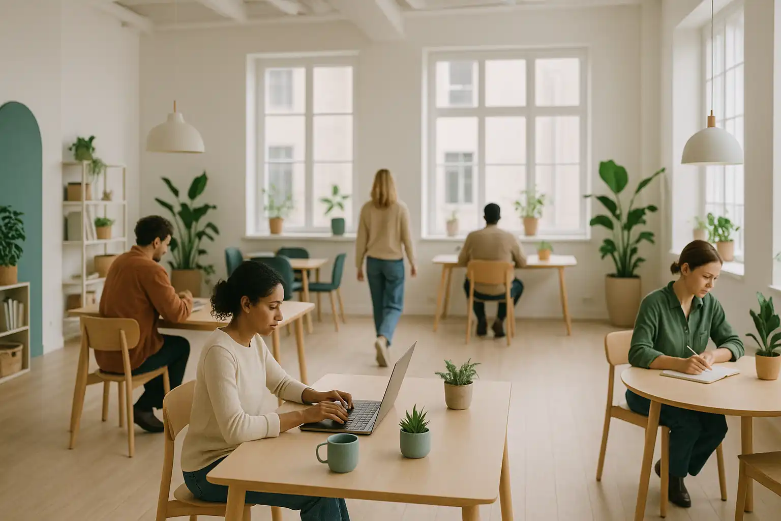 Skandinavisk kontorsmiljö med människor i bakgrunden och mjukt dagsljus